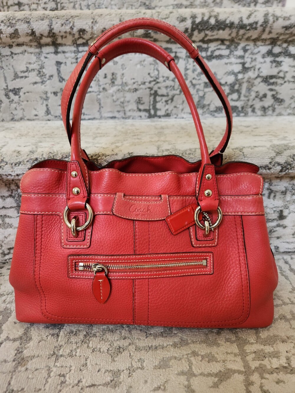 Coach Penelope Coral-Red Pebbled Leather Shoulder Bag
